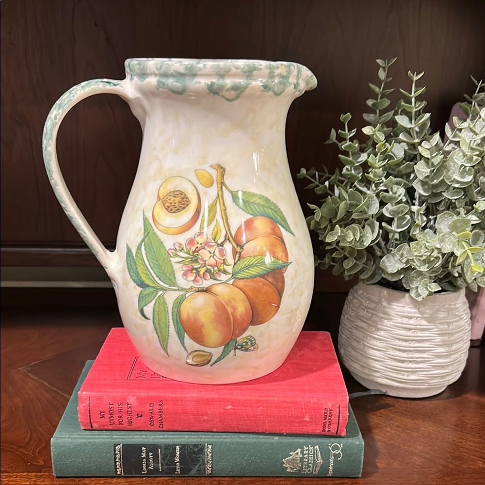 Vintage Floral Peach Ceramic Pitcher. Made in Italy   HIMARK